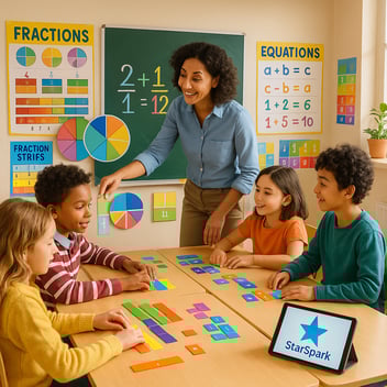 students in classroom learning fractions and equations