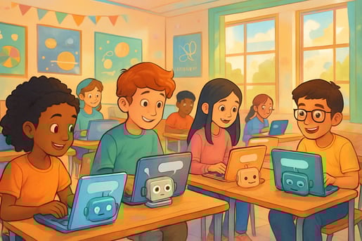 Imagine a vibrant classroom filled with diverse students each engaged in their own learning journey accompanied by personalized AI chatbots The scene