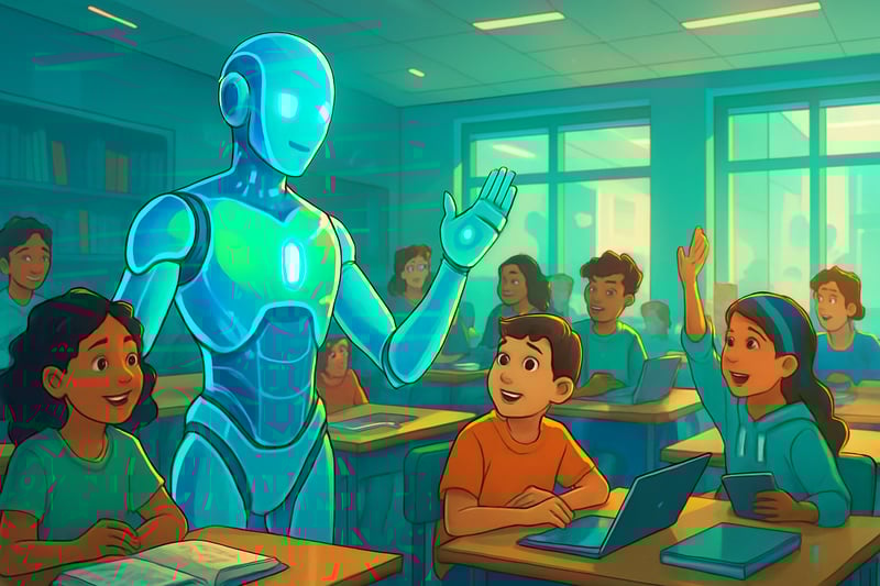 In a bustling modern classroom filled with diverse students of various ages an AI tutor stands at the forefront glowing softly with vibrant colors that reflect its advanced technology The scene captures an engaging interaction between the tutor and e