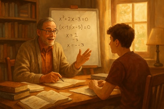 In a cozy warmly lit study room a dedicated math tutor sits across from a focused student surrounded by textbooks and scattered notes The tutor an old
