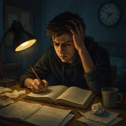 In a dimly lit bedroom a high school student sits at a cluttered desk surrounded by open textbooks and scattered notes their brow furrowed in concentr