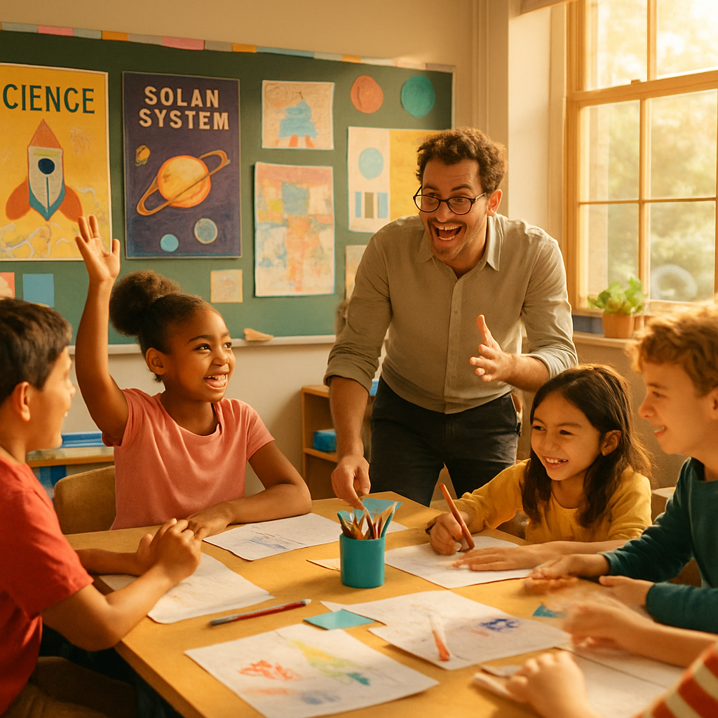 In a vibrant classroom filled with diverse students a passionate teacher engages them with interactive lessons that inspire curiosity and creativity S-1