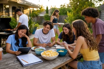 Teens studying math and enjoying a summer bbq