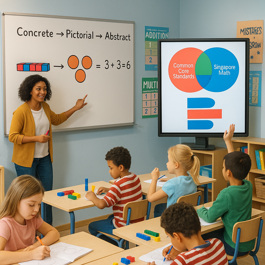 The image depicts a colorful and engaging classroom setting where a diverse group of elementary school students are actively participating in a math lesson In the foreground a teacher is demonstrating a mathematical concept using a large whiteboard f