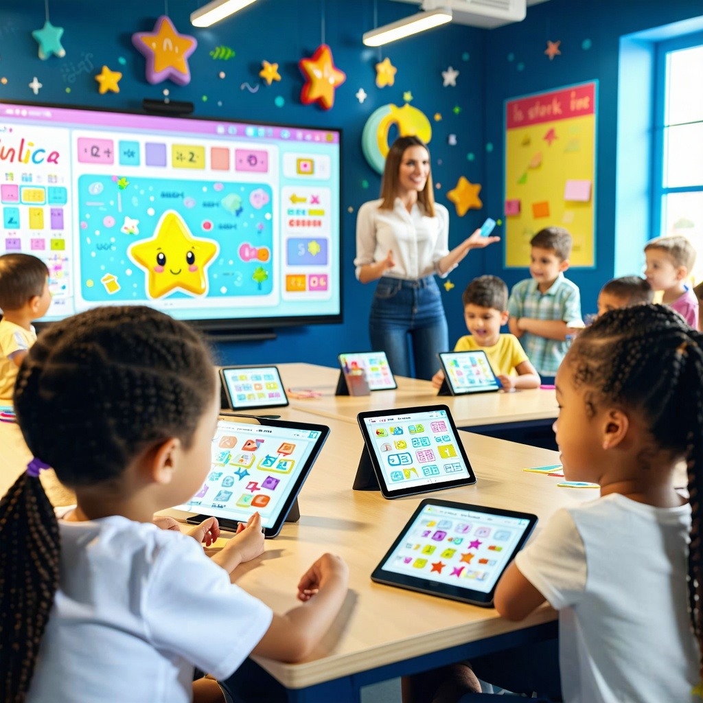 The image showcases a modern vibrant classroom filled with students engaged in interactive learning A large digital screen displays colorful graphics representing mathematical concepts while a friendly AI tutor shown as a an talking star assists a di-1