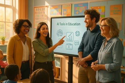 cinematic In a vibrant classroom filled with eager students a group of teachers gathers around a sleek digital whiteboard engaged in a lively discussi