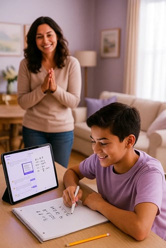 student using starspark for math homework while parent happily watches