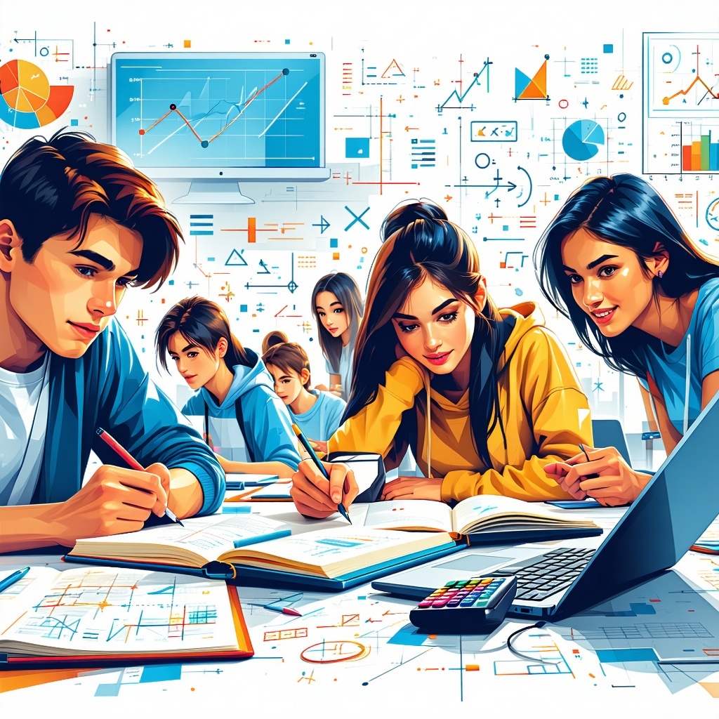 Create a modern clean illustration showing diverse high school students confidently working on math problems Show students at desks with notebooks calculators and tabletslaptops Include mathematical equations and graphs floating subtly in the backgro