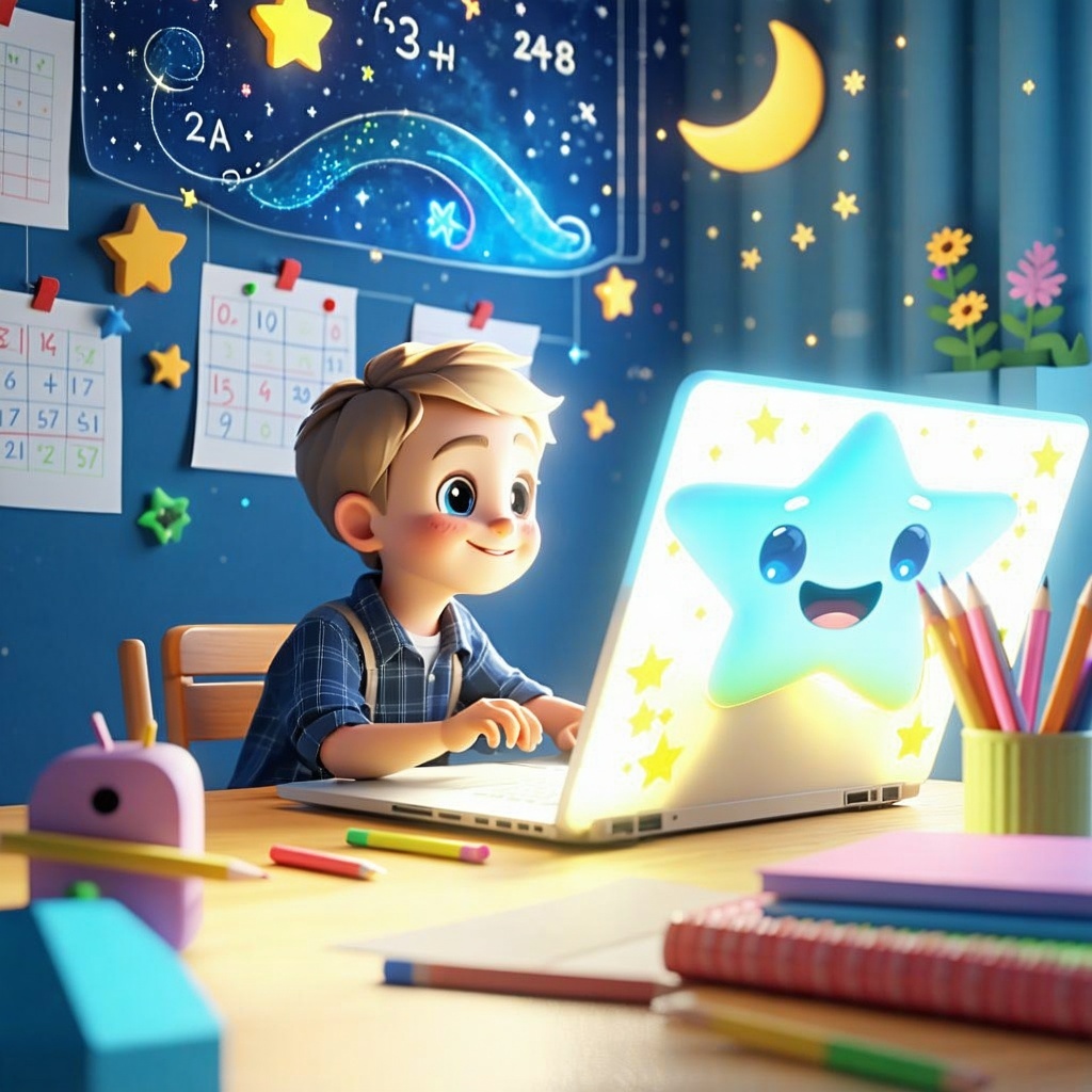 In a cozy room filled with colorful posters of mathematical formulas and starry night scenes a young child sits at a sleek desk intently focused on a laptop screen On the screen a charming AI tutor designed as a friendly star with animated eyes and a