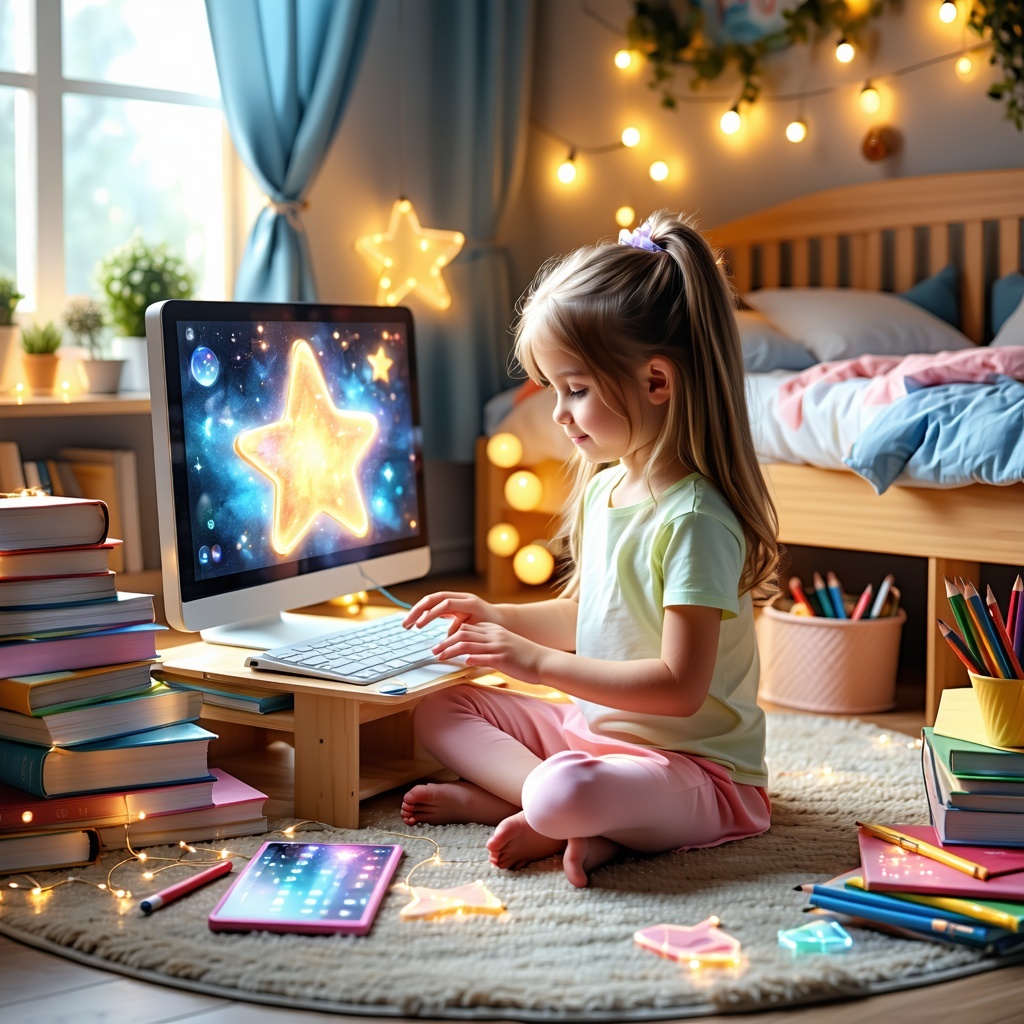 In a warmly lit cozy room adorned with soft muted colors a young girl sits crosslegged on a plush rug surrounded by colorful books and stationery scattered around her Shes intently focused on her computer utilizing an online ai tutor designed in the-1