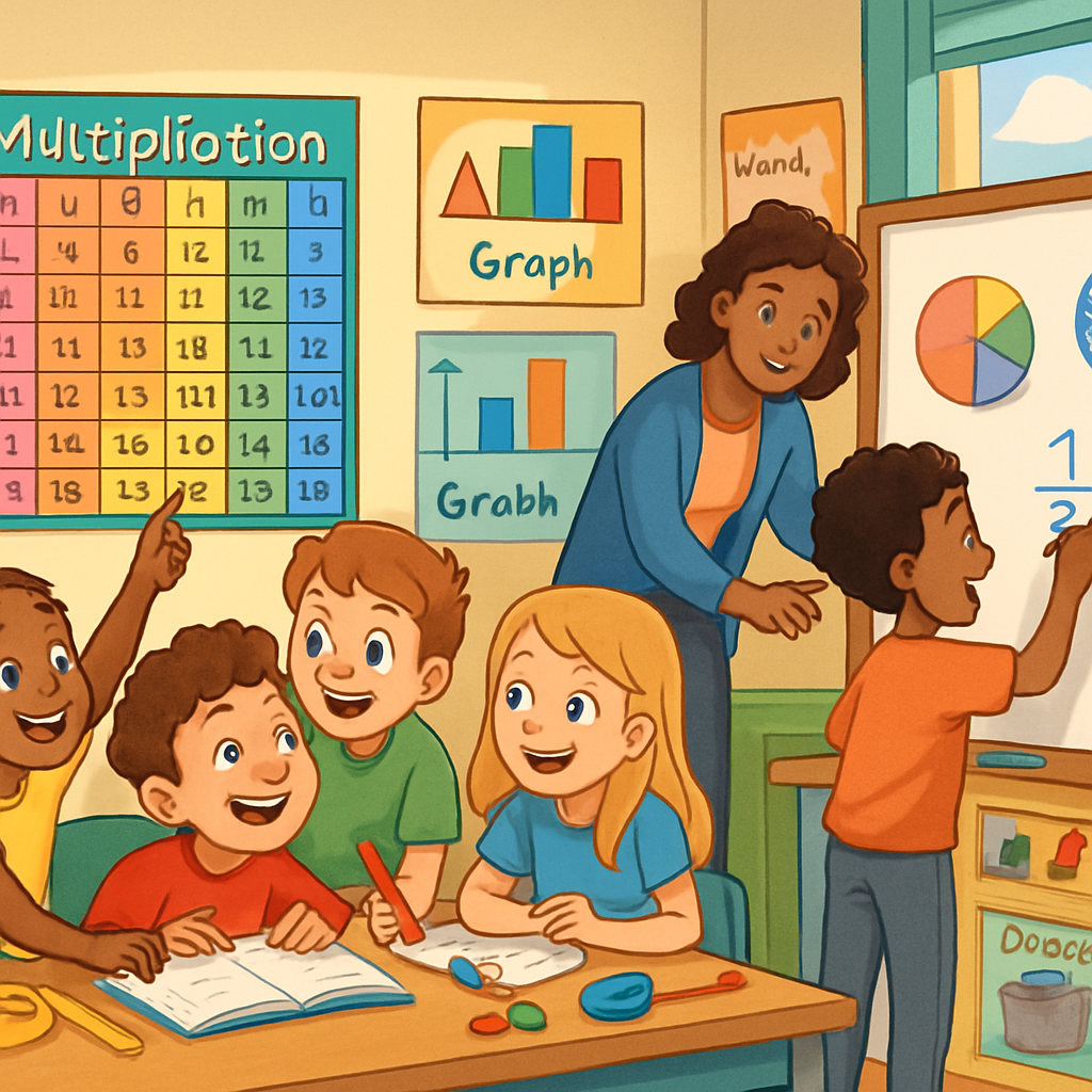 students gathered at table learning cheerfully while teacher helps a student in the back with fractions
