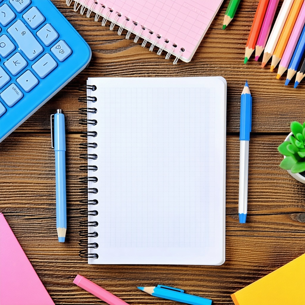 composition notebook in center and other school supplies around it on a desk