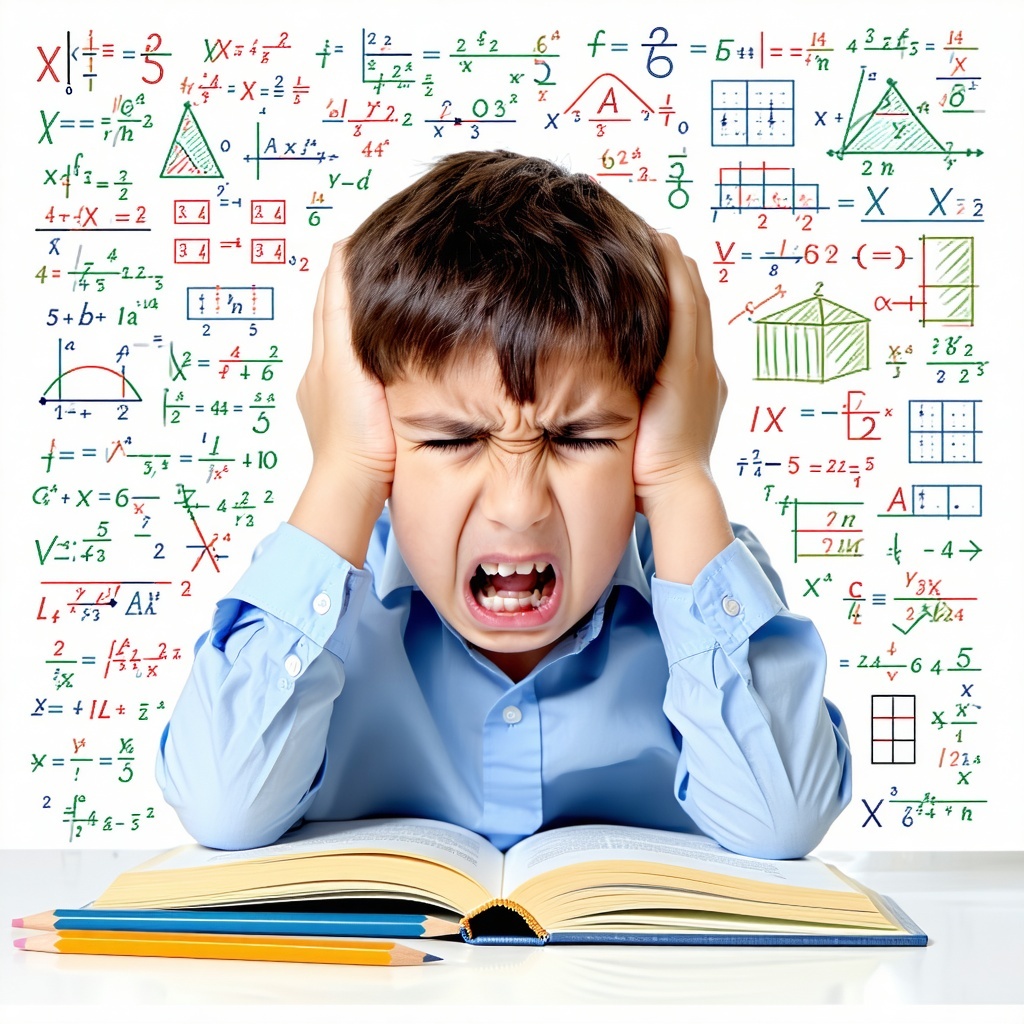 frustrated child with hands on his head and math problems all around the backround book pencil ruler in front of him