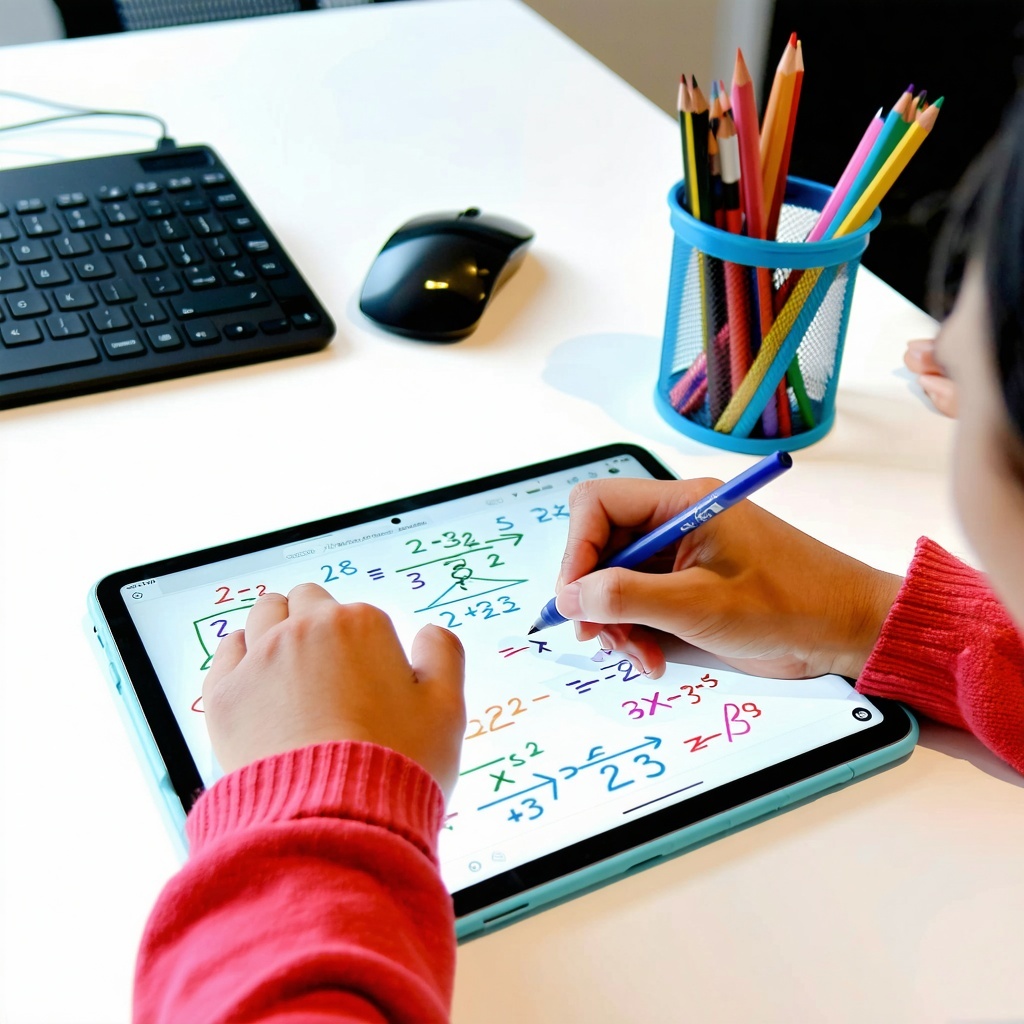 hands using stylus to do math problems on digital tablet on a table with keyboard mouse and jar of pencils