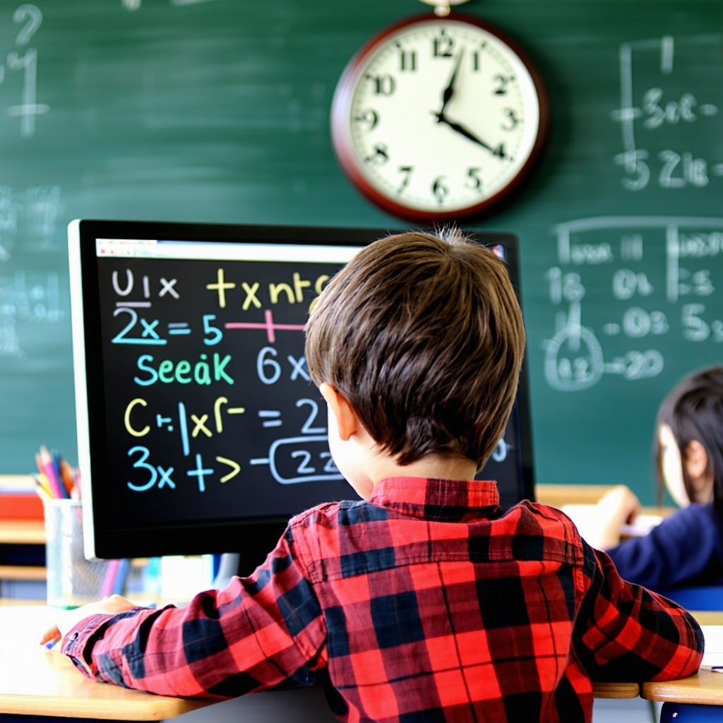 have a clock in the background a child sitting in a classroom where you can see the back of their head they are working on a computer screen with math problems on it