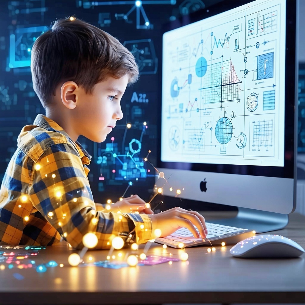 kid doing math with ai tutor on computer kid doing math with ai tutor on computer