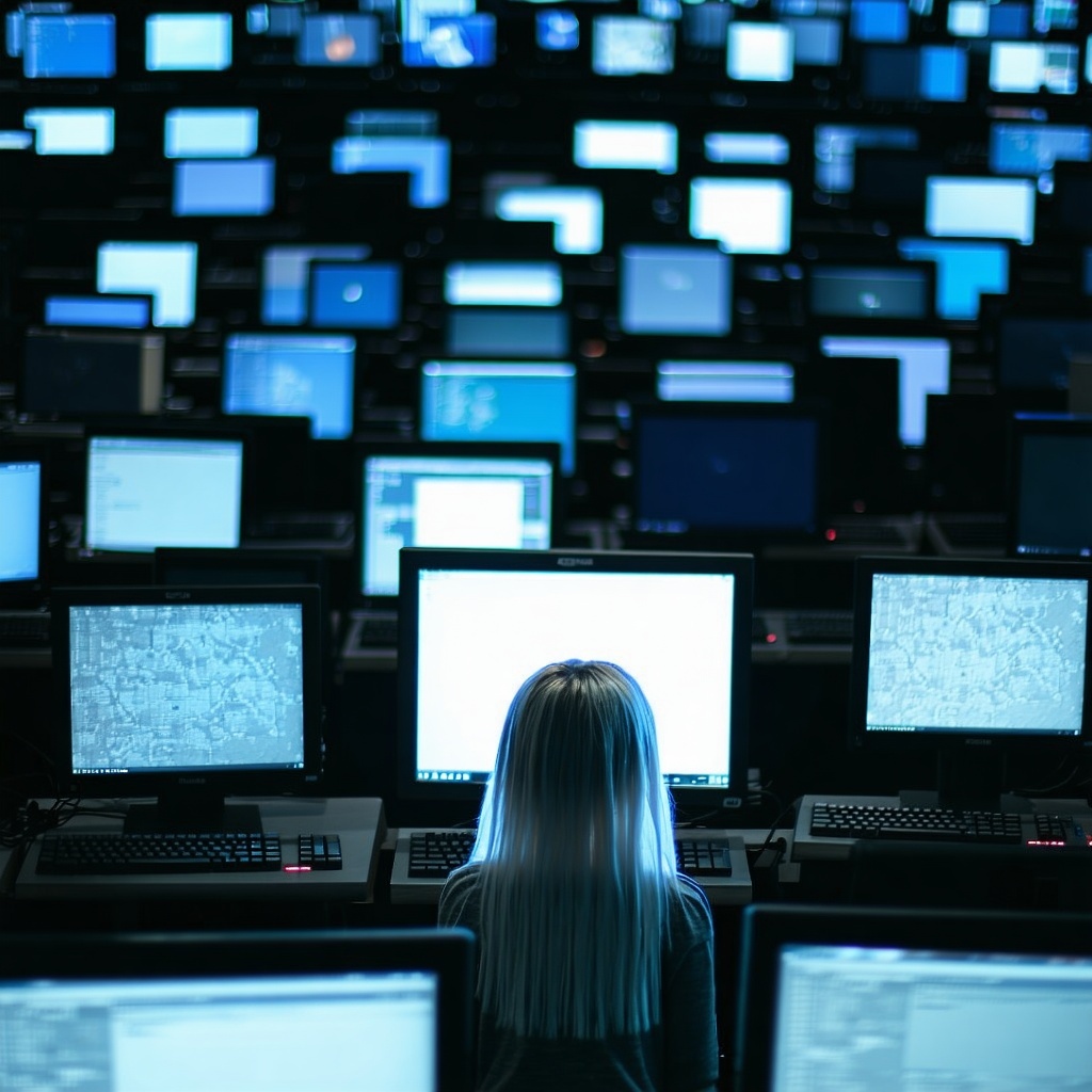 many computer screens and the back of a girls head