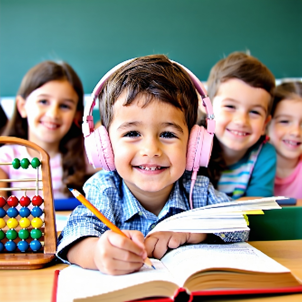 one kid with headphones one kid with pencilbook one kid with abacus all in classroom smiling