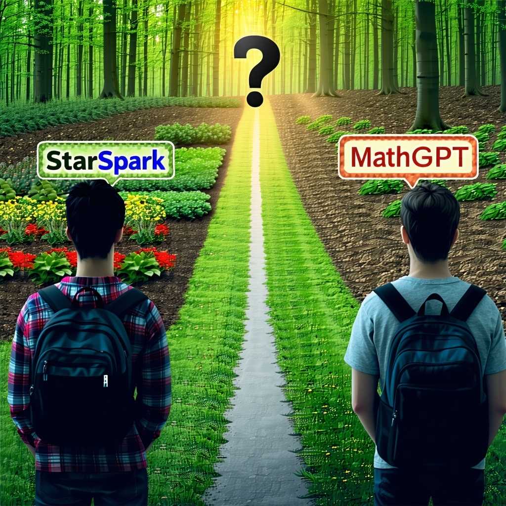 view point from back of a person looking at two forks in the road in front of them left fork leads to well cultivated garden with StarSpark on it right fork leads ot a messy forest with MathGPT on it There is a question mark in the moddle of the two-1 view point from back of a person looking at two forks in the road in front of them left fork leads to well cultivated garden with StarSpark on it right fork leads ot a messy forest with MathGPT on it There is a question mark in the moddle of the two-1
