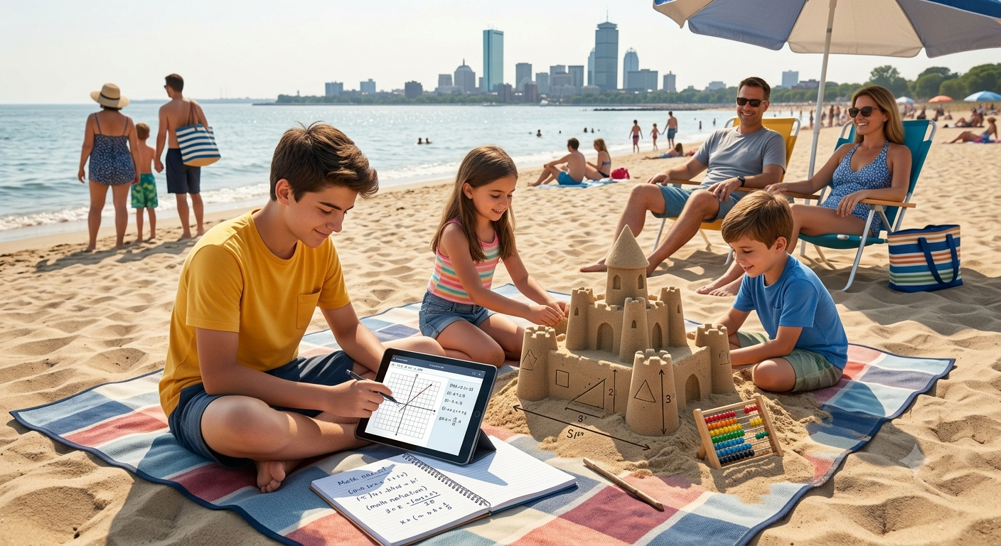 kids at beach and studying math